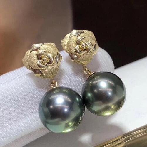 D113 Pearl Earrings 9-10mm Fine Jewelry Pure 18 K Gold Natura Ocean Sea Tahiti Pearl Earrings for Women Fine Pearl Earrings