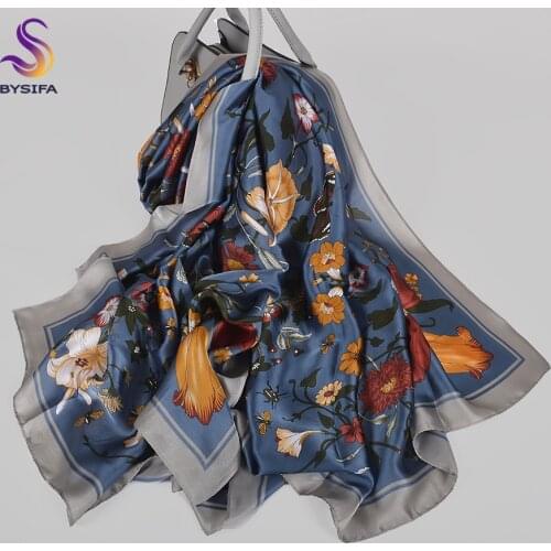 [BYSIFA] Autumn Winter Silk Scarf Hijabs 2020 New Luxury Women Floral Design Long Scarves Wraps Grey Blue,Khaki,Grey Black