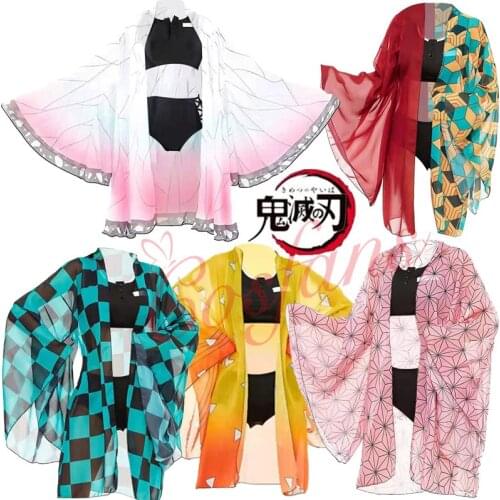 Women Summer Casual Cool Bathing Suit Demon Slayer Kimetsu no Yaiba Kamado Tanjirou Summer Swimsuit with Sheer Kimono Cardigan