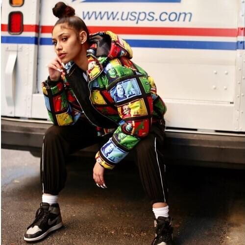 FNOCE winter Womens New Color Banknote Printing and Dyeing down Coat Hooded long sleeve down Jacket Cotton-Padded Jacket