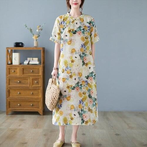 Women Summer Cotton Linen Long Dress New 2021 Vintage Style Stand Collar Floral Print Loose Ladies Elegant A-line Dresses B370