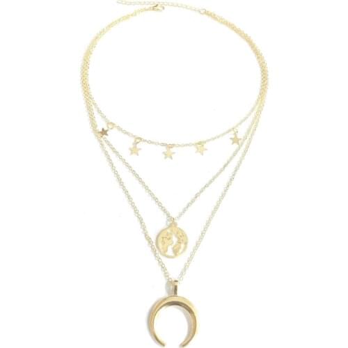 New Jewelry Fashion Fashion Fashion Womens Five Pointed Star World Map Moon Crescent Alloy Pendant Multilayer Combination Neckl