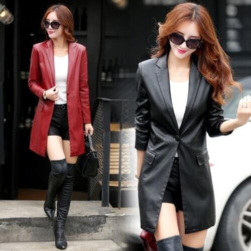 Womens Faux Leather Lapel Collar Coat Slim Fit Mid Length Trench Coats One Button Black Red Wine Red C61