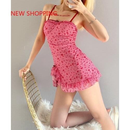 Love Heart Printed Mesh Pink Summer Dress Y2k Ruffled Side Split Spaghetti Strap Mini Dresses Kawaii Sweet Bodycon Harajuku New