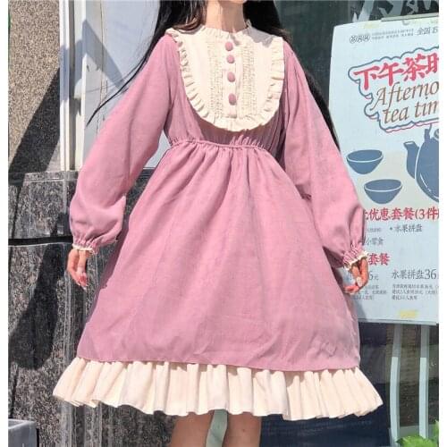 Girly Japanese Kawaii Dress Soft Vintage Ruffle Collar Cute Lolita Dress Female Full Sleeve Cute Pink Ruffles Midi Dresses Lady