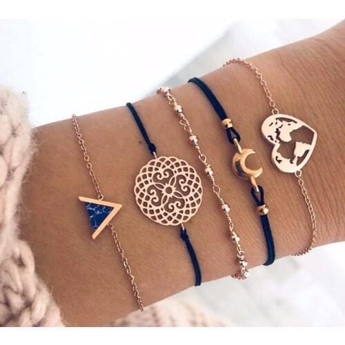 5Pcs/Set Women Fashion Black Rope Moon Heart Bracelet Charm Pendant Triangle Hollow Geometric Hand Chain Bracelets Jewelry