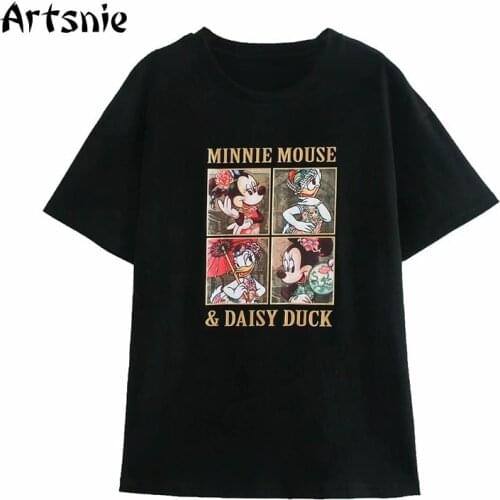 Artsnie Minne Mouse Cartoon T Shirt Women Summer 2021 O Neck Short Sleeve Black Tops Streetwear Casual Disney Knitted T-shirts