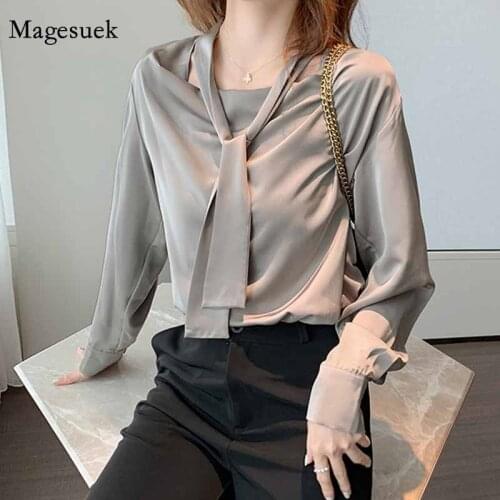 V-neck Office Korean Bow Blouses Fashion Women Loose Women Tops 2020 Autumn Shirt Women Gray Long Sleeve Chiffon Blouse 11545