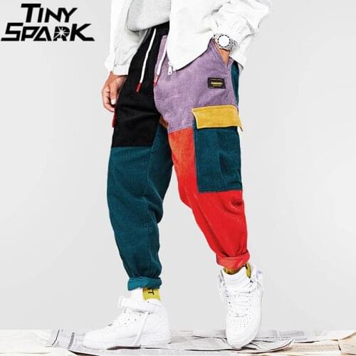 Hip Hip Pants Vintage Color Block Patchwork Corduroy Cargo Harem Pant Streetwear Harajuku Jogger Sweatpant Cotton Trousers 2019