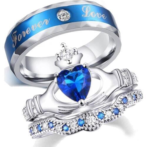 Carofeez Charm Couple Ring Blue Zircon Womens Ring Sets Stainless Steel Mens Ring Valentines Day Wedding Bands Lover Gift