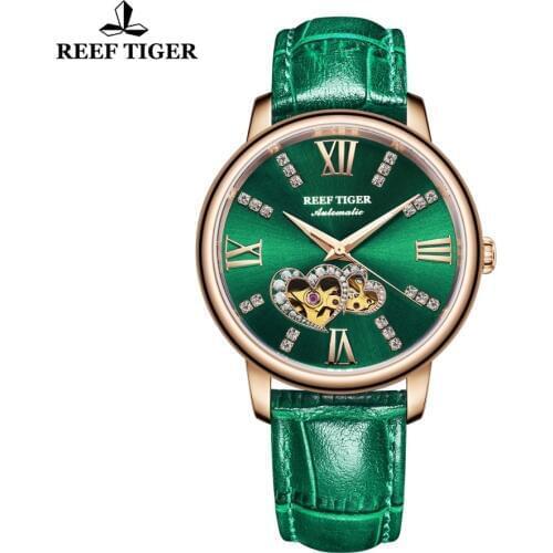 Reef Tiger/RT Luxury Fashion Watch Lady Rose Gold Automatic Watch Leather Strap Design Watch Women reloj mujer Clock RGA1580