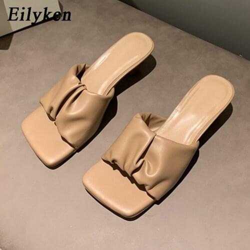 Eilyken New Pleated PU Leather Solid Woman Shoe Classic Square Toe Slip On Slides Slippers Fashion Casual Low Heel Sandals Femme