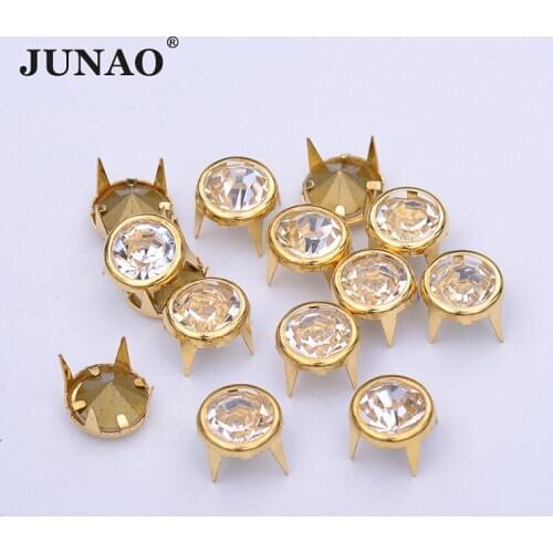 JUNAO 100Pcs 10mm Gold Rhinestone Rivet Metal Spikes Crystal Studs Decorations Rivet Claw Rhinestone For Accessories Jewellery