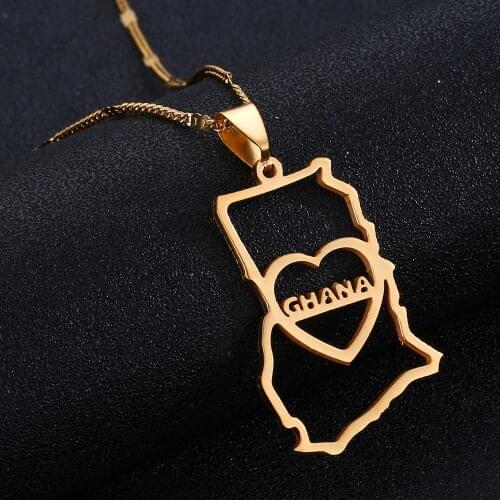Stainless Steel Ghana Map Pendant Necklaces Trendy Ghanaian Heart Map Jewelry