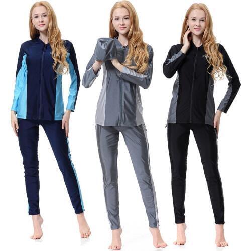 Muslim Swimsuit Sunscreen Islamic Ladies Swimwear Modest Zipper Muslim Traditional Fashion Swimming Suit Patchwork XX-402