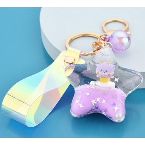 New Milk In Oil Liquid Five-pointed Star Car Keychain Woman Cartoon Floating Key Ring Bag Pendant Girl Gift Keychain Accessories