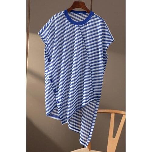 New Design !! Asymmtrical Striped Blue Women T-Shirts O-Neck Long Loose Sleeveless Elegant Female Pulls Tops Tees
