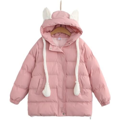 Pink Solid Hooded Jacket Parka Warmness Down Coats Women 2021 Winter Pocket Drawstring Casual Female Sweet Style Outwear