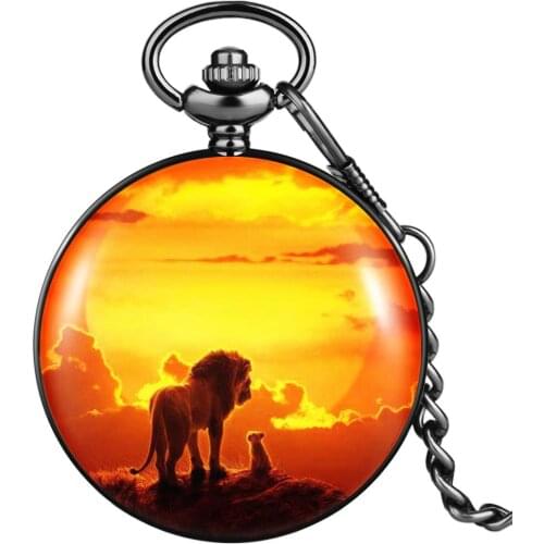 Portable Black Quartz Pocket Watch Lion at Dusk Mens Classic White Dial Durable Alloy Case Pocket Watch Pendant Watch boy Gifts