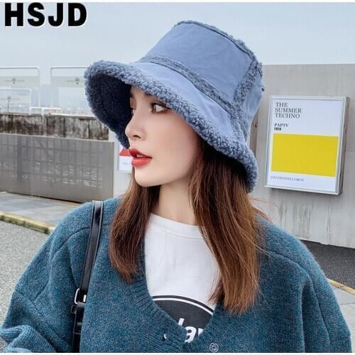 Women Hat Faux Cashmere Bucket Hats Autumn Winter Women Faux Fur Fishermans Hat Winter Warm Cap Solid Color Panama Lady Caps