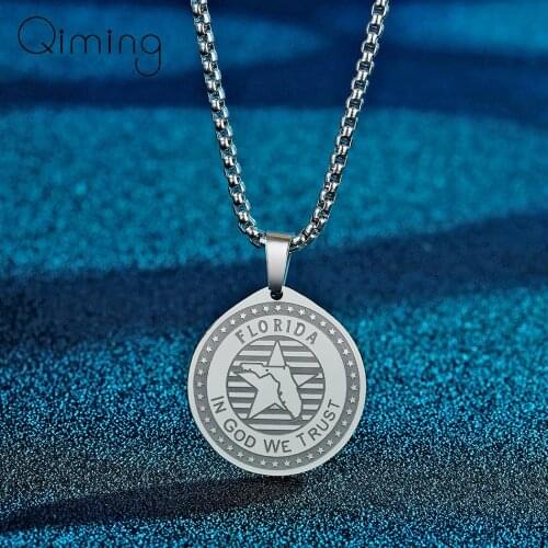 State Of Florida. FL Pendant Stainless Steel Necklace American States Collection Fashion Gold Jewelry USA Gift