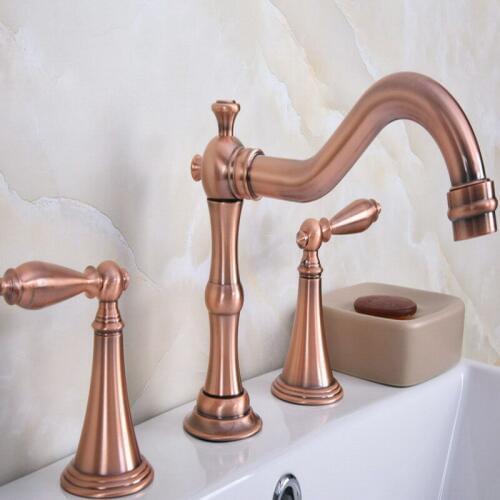 Deck Mounted 3 Holes Bath Tub Mixer Tap Vintage Retro Antique Red Copper Brass Widespread 2 Handles bathroom basin Faucet arg074