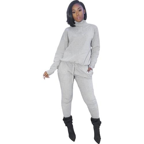 Light Grey Casual 2 Pcs Sweat Suits Turtleneck Long Sleeve Shirt and Sweatpants Woman Tracksuit Sets Sportswear Spring Clothing