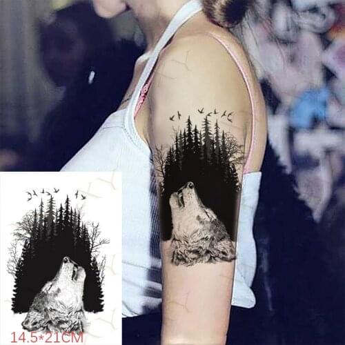 Waterproof Temporary Tattoo Sticker Black Forest Wolf Flash Tattos Fly Bird Rabbit Moon Flower Body Art Arm Fake Tatoo Women Men