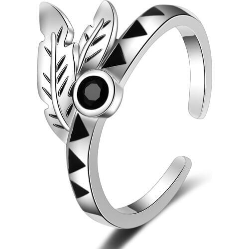 Xiaojing 925 Sterling Silver Black Cz Open Size Rings Indian Feather Tribe Adjustable Ring for Women Jewelry Gift New Fashion
