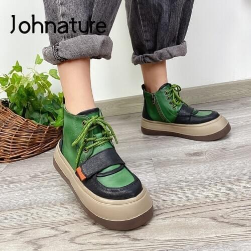 Johnature 2021 New Women Boots Mixed Colors Zip Women Shoes Genuine Leather Lace-up Round Toe Wedges Winter Platform Boots