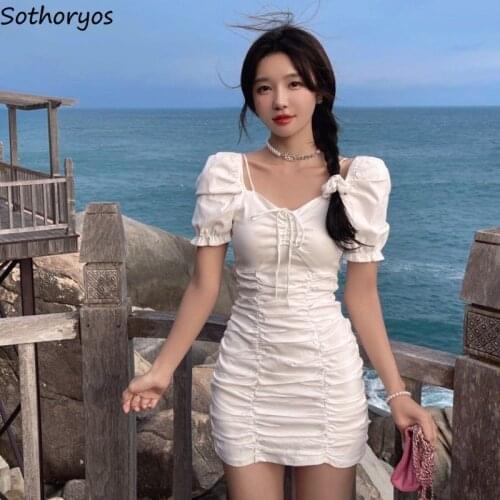 Women Solid Dresses Shirring Stylish Above Knee Elegant A-line Hot Sweet Puff Sleeve Slash Neck Fairy Temperament Designed Bow
