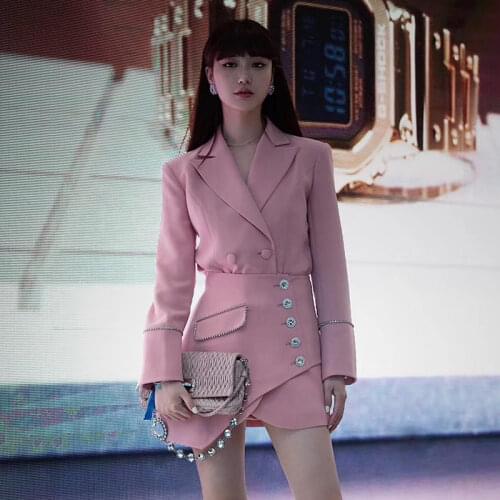Fall Winter New 2020 Fashion Office Women Skirt Suit Long Sleeve Pink Diamonds Chains Blazer Irregular Hem Skirt Two Piece Set