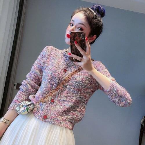 Colorful Cardigan Pearl Beaded Women 2021 Autumn Winter Thick Cropped Sweater Coat O Neck Crystal Buttons Knitted Short Jacket