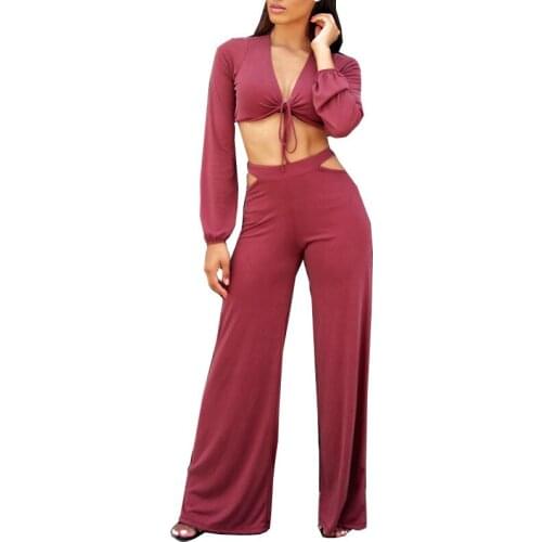 BAMBOOBOY Sexy Deep V Lacing Crop Top High Waist Flare Pants Suit Women Fitted Sport Gym Two Piece Set ZL1101