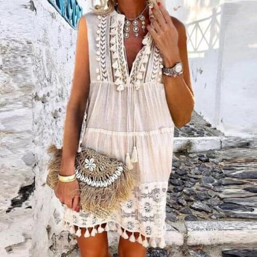Hollow Out Dress Summer Women Casual Party Bohemian Dress Sweet V-Neck Solid Lace Tassel Mini Dress Wholesale Free Ship платье
