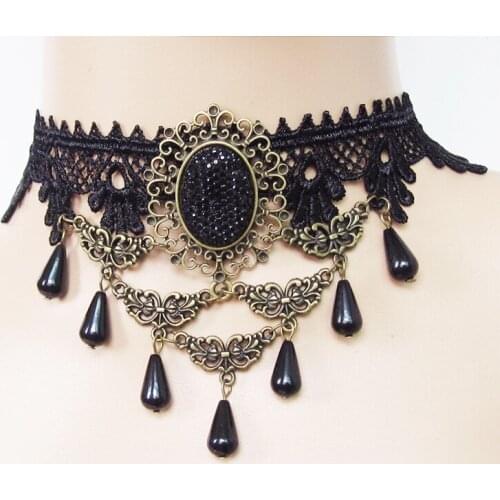 Vintage Goth Black Lace Pendant Necklace Women Fashion Aesthetic Choker Chain Hallowmas Party Fake collar Jewelry Initial Charm