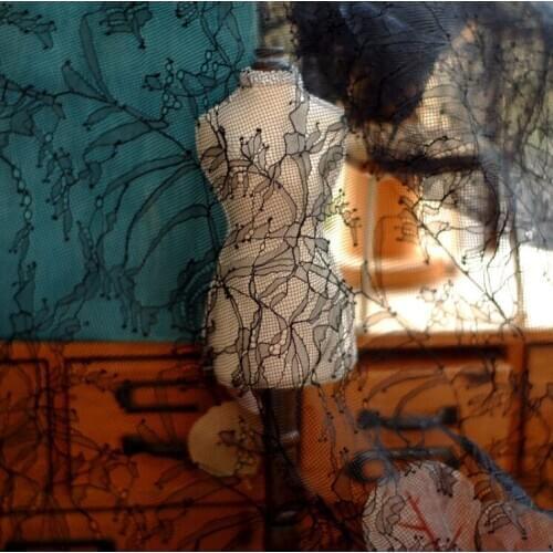 1Meter 150CM Wide Hard French Hollowed Lace Fabric Black White Mesh Evening Dress Costume Sewing Trim Home Textile Materials DIY