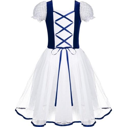 Romantic Tutu Giselle Ballet Costumes Girls Child Velet Tulle Skating Dress Ballerina Bubble Short Sleeve Lace-up Summer Dress