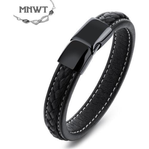 MNWT Bracelet Men Fashion Punk Black Leather Bracelets Male Bangles Stainless Steel Pulseras Gift Man Jewelry Pulseira Masculina