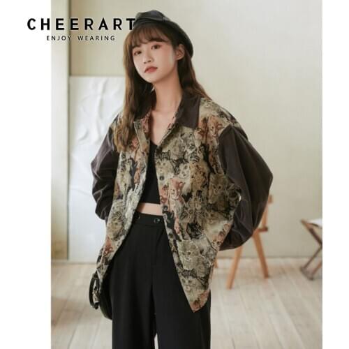 CHEERART Corduroy Vintage Shirt Women Long Sleeve Blouse Button Up Collar Shirt Cat Print 2020 Winter Fashion Patchwork Top
