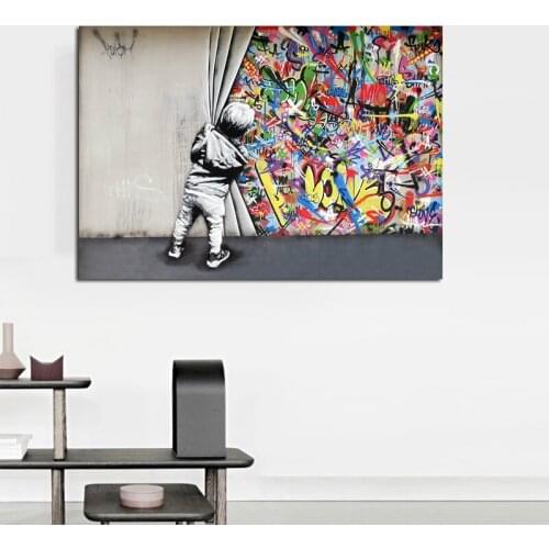 Kids Lover Behind The Curtain Graffiti Art Painitngs on the Wall Art Posters and Prints Modern Street Art Pictures Home Decor