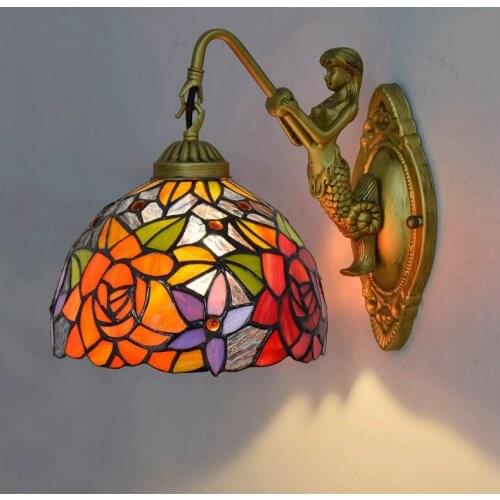 European-Style Vintage Tiffany Colored Glass Living Room Dining Room Bedroom Bar Club Aisle Balcony Rose Wall Lamp