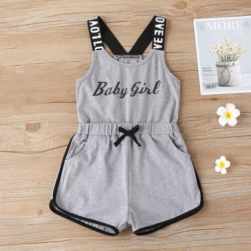 Kids Girls Cotton Summer Casual Sport Gym Shorts Jumpsuit Round Neck Sleeveless Letters Print Bowknot Adorned Jumpsuits Bodysuit