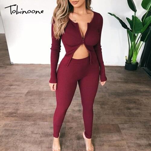 Tobinoone Knitted Fashion 2 Piece Set Women Long Sleeve Casual Matching Sets Solid Spring Summer Cropped Sweater And Pants Set