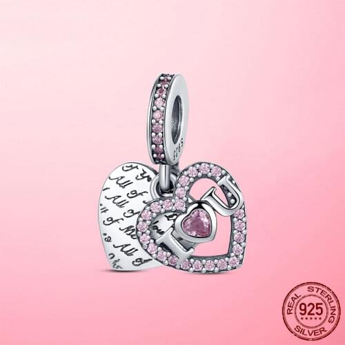925 Sterling Silver I LOVE YOU Heart Dangle Charm Pink CZ Beads Pendant fit Original Pandora Bracelet Necklace DIY S925 Jewelry