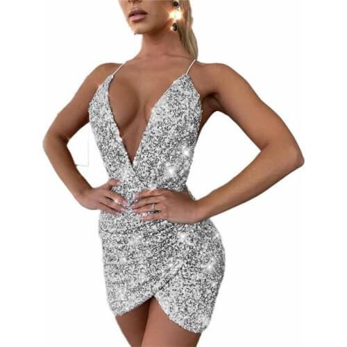 Summer Sequin V-Neck Mini Dress Sexy Strappy Dress Fashion Sleeveless Backless Asymmetrical Dress
