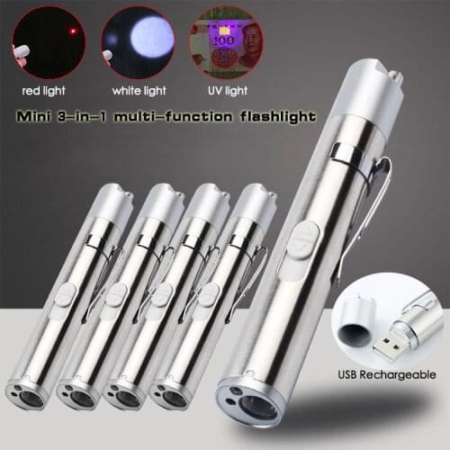 Mini USB Rechargeable 3in1 LED Flashlight Powerful LED Torch Waterproof Design Penlight uv light banknote /Laser pointer light