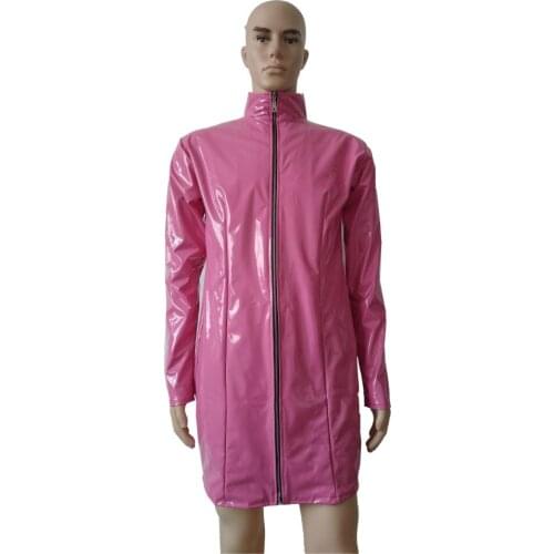 Cosplay Mens Overcoat slim mid-length PVC Faux Leather Bodysuit with front zipper