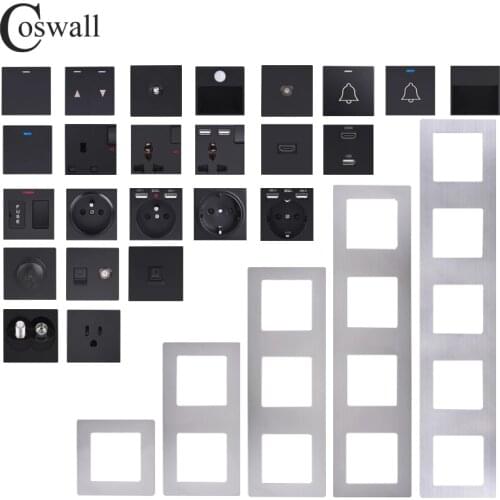 COSWALL S08 Series Silver Stainless Steel Vertical Panel Black Wall Switch EU Socket USB HDMI-compatible TV RJ45 DIY Module