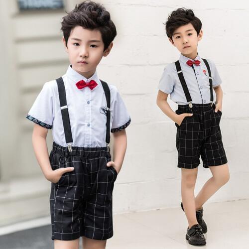 Boys New Summer Plaid Straps Clothing Sets Children Embroidered T-shirt Shorts 2pcs Outfits Kids Bib Pants Performance Costume